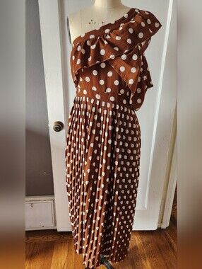 One-Shoulder Brown & White Polka Dot Maxi Dress